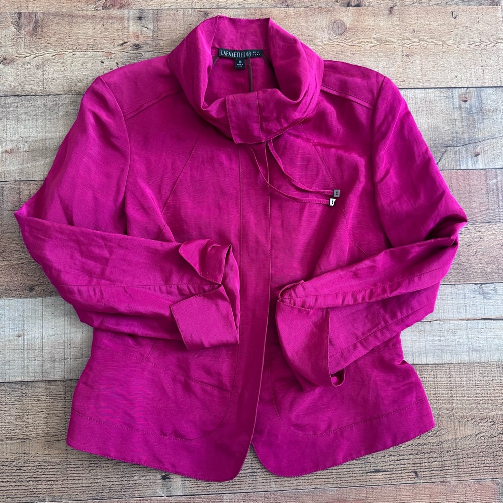 Lafayette 148 NY Linen Blend Lightweight Jacket with Roll Neck Fuchisa Pink 10